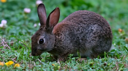 A refined rabbit is gracefully grazing in a richly colored meadow filled with intricate natural patterns
