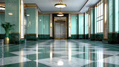 Opulent Art Deco lobby with elegant elevator, polished marble floor, and large windows creating bright atmosphere