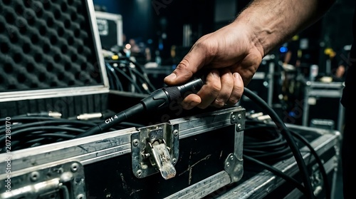 Technician connects audio cable from equipment case for event setup Behind the scenes tournament