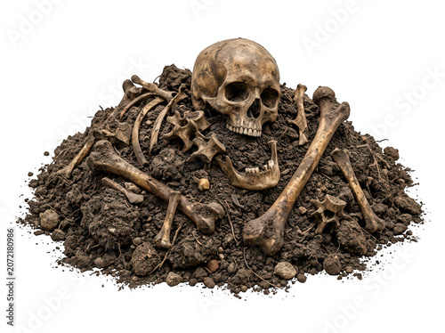 Human skull and bones in a pile of soil isolated on transparent background