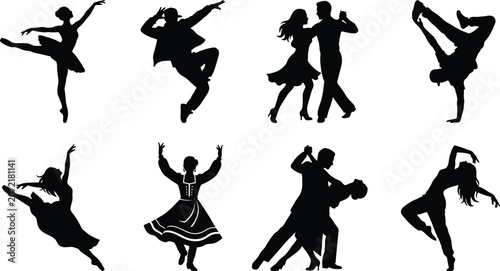 Bild auf Leinwand Collection of dancer silhouettes featuring ballet contemporary breakdance hip ho