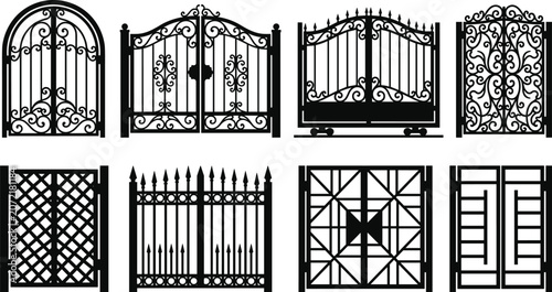 Fotografie Collection of decorative wrought iron gates fences and metal doors silhouettes i