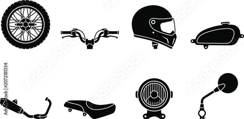 Foto Collection of motorcycle parts and accessories icons featuring wheel handlebars