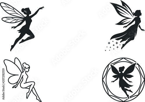 Photos Fairy Silhouette Icon Set Featuring Magical Flying Pixies Outline Mythical Creat
