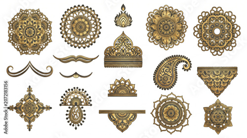Intricate traditional mehndi henna design for Indian weddings and celebrations. Elegant floral, Paisley, and detailed geometric patterns. Premium vector art