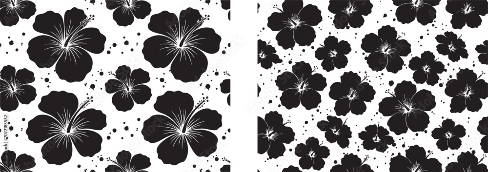 Fototapeta premium Black silhouette hibiscus flower seamless pattern tile set. Tropical floral concept illustrating Hawaiian summer style. Suitable for textile apparel prints. Transparent EPS.