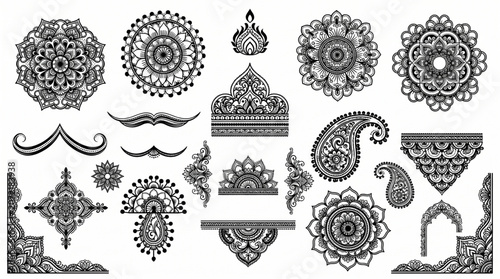 Intricate traditional mehndi henna design for Indian weddings and celebrations. Elegant floral, Paisley, and detailed geometric patterns. Premium vector art