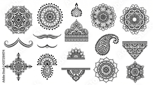 Intricate traditional mehndi henna design for Indian weddings and celebrations. Elegant floral, Paisley, and detailed geometric patterns. Premium vector art