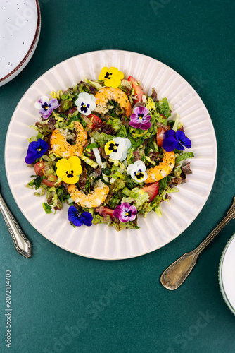 Healthy Seafood Salad with Shrimp, Greens and Floral Garnish