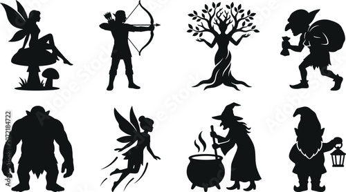 Quadro em tela Fantasy creatures and mythical characters silhouettes set including fairy elf wi