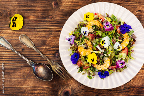 Healthy Seafood Salad with Shrimp, Greens and Floral Garnish