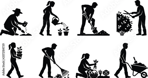 Tableau sur toile Gardening silhouettes collection featuring people planting seeds, watering, digg