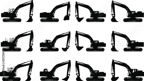 Fotografia Heavy excavator construction vehicles silhouettes set in different positions iso