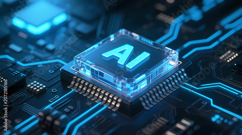 Transparent chip with glowing blue AI text