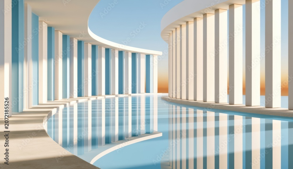 Naklejka premium Minimalist modern architecture with colonnade and reflective pool at warm sunset light