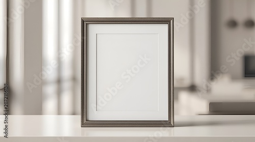 A sleek, modern picture frame stands ready to display cherished memories or artwork, resting on a minimalist surface with a softly blurred background suggesting a home or office interior.