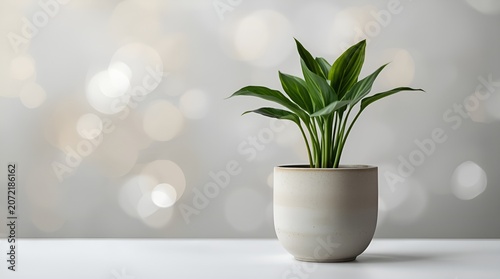 A healthy green houseplant thrives in a minimalist beige pot, set against a soft, bokeh background, embodying a serene and clean aesthetic.