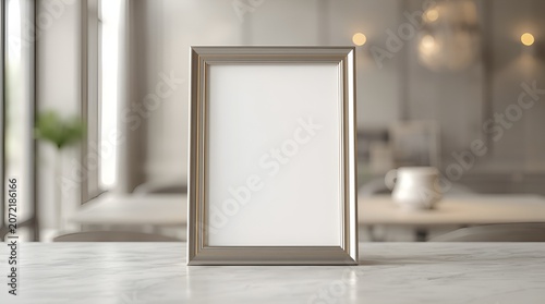 A silver photo frame stands on a marble table, empty and ready to display a cherished memory in a softly lit room, perfect for showcasing a personal touch or a brand message.