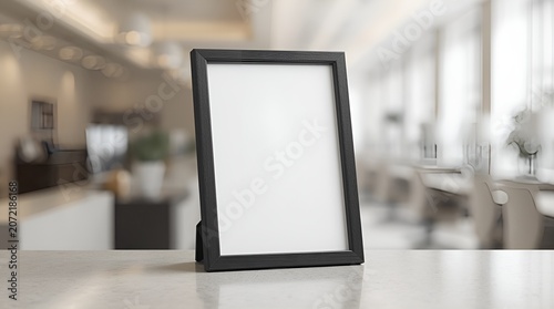 A blank photo frame stands on a desk in a modern office, ready to display a cherished memory or important document.
