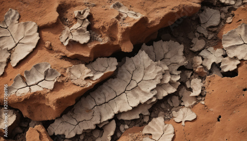 Macro photography of delicate fossilized leaf impressions in cracked dry mud