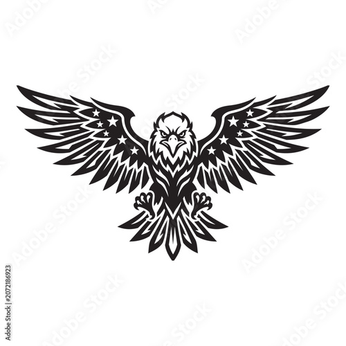 Black and white eagle bird logo illustration with stars on wings in vintage style vector design.