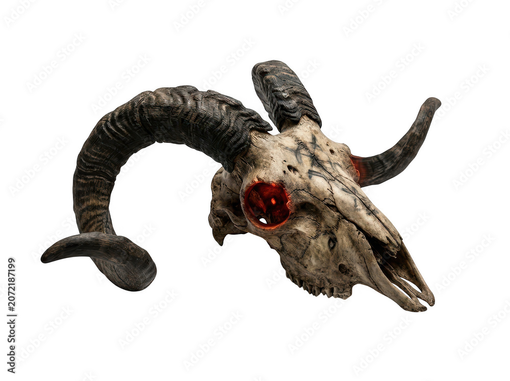 Obraz premium Bighorn Ram Skull with Glowing Red Eyes isolated on transparent background