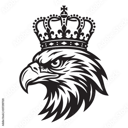 Black and white illustration of a fierce bald eagle wearing a royal gold crown vector design.
