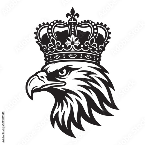 A striking black and white vector illustration of a majestic eagle head wearing an ornate royal crown, perfect for logos, emblems, or bold graphic design projects.