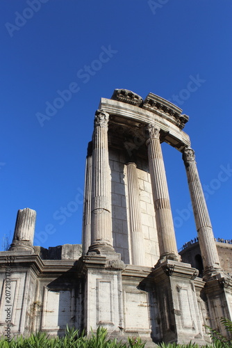 ROME, ITALY - JUNE 5, 2016: Ancient walls and ruins around the Roman Forum in historic Rome