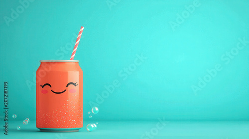 Cheerful orange soda can with smiling face and straw, surrounded by bubbles, against bright turquoise background