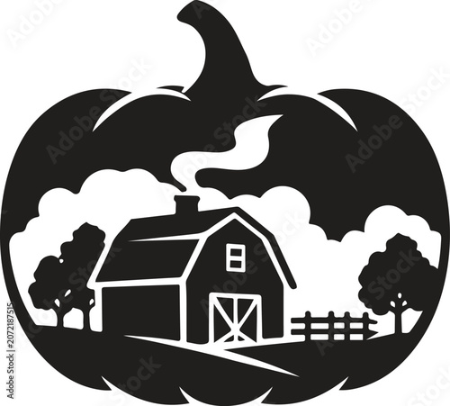 Rustic Farm Barn Inside Pumpkin Silhouette Vector for Thanksgiving Autumn Harvest
