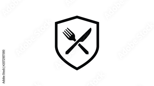 Shield emblem with crossed fork and knife icon.