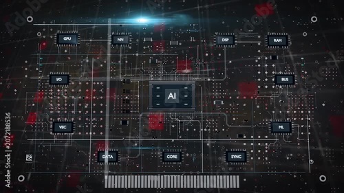 Label AI appearing, central AI chip growing, linking chips, drawing lines, red pulses, showing HUD