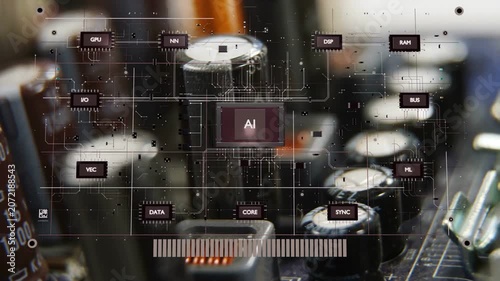 PCB close-up, AI badge appearing, nodes floating, camera panning right, overlay mapping data flow