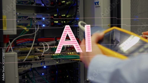 AI graphic appearing and expanding, tech moving yellow meter, probing ports, verifying live LEDs