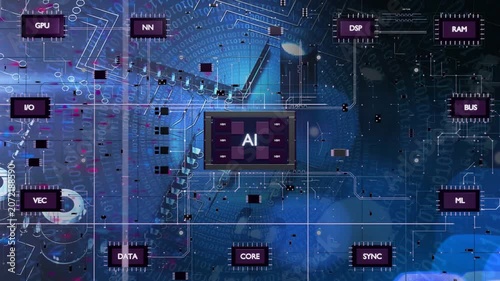 Close-up zooming out, central AI module pulsing, chips drifting and linking, forming system diagram