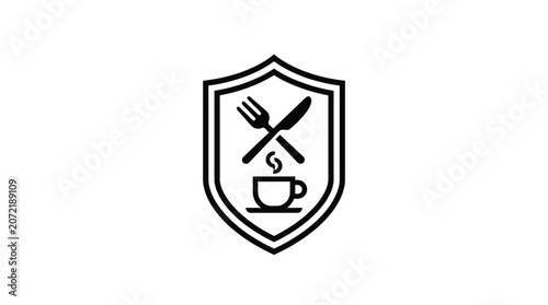 Shield emblem with crossed fork and knife and coffee cup.