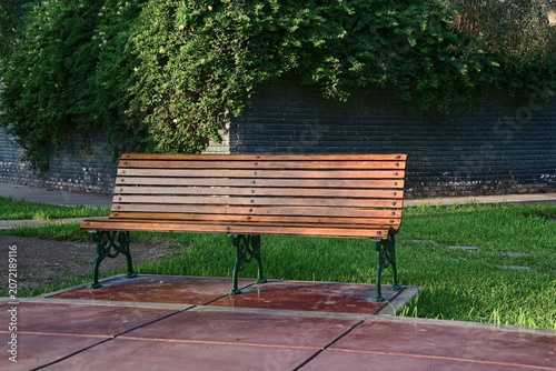 Empty wooden park bench in a quiet green garden