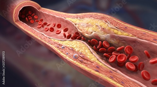 Visualizing Atherosclerosis Medical depiction of arterial plaque accumulation and blood cell obstruction within a narrowed vessel, leading to cardiovascular risk