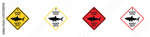 Shark zone warning sign and beach danger notice icon. Vector illustration of realistic coastal hazard precaution symbol, yellow and red diamond predator alert icon on white background.