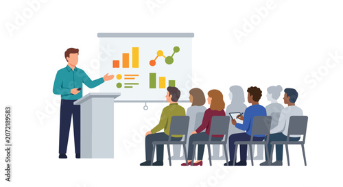 Fotografie Lecture hall with presenter and audience flat vector illustration
