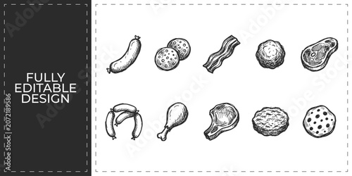Foto Fresh meat products and organic butchery icons featuring hand drawn chicken beef