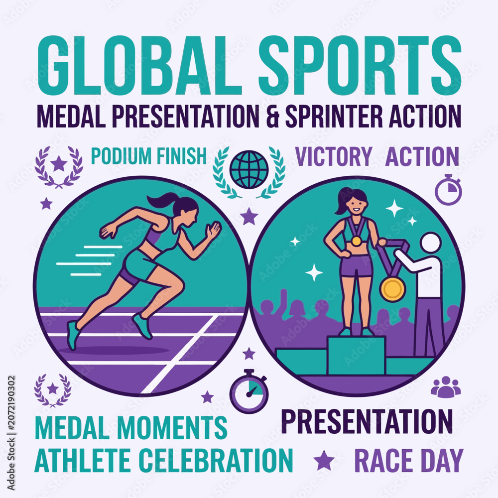 Obraz premium Global Sports Medal Presentation And Sprinter Action Vibrant Illustration