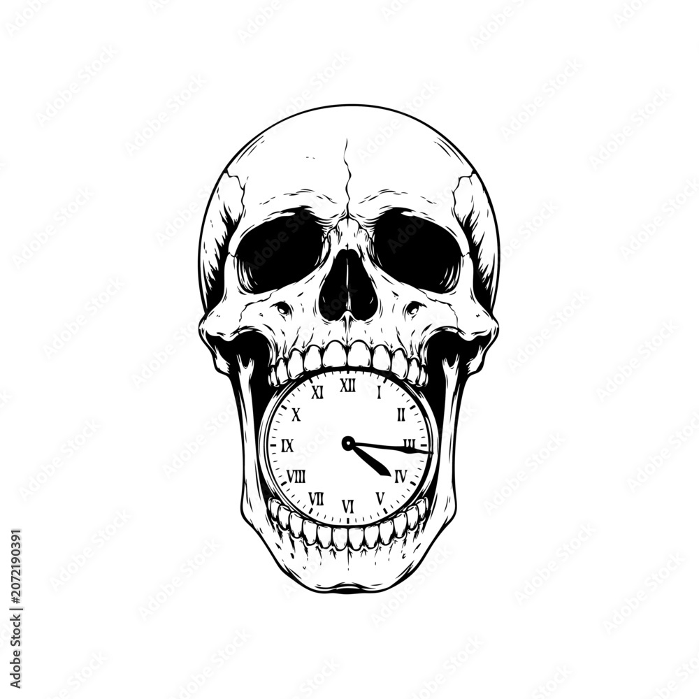 Obraz premium Black and White Skull with Clock Face Illustration Minimalist Art Style
