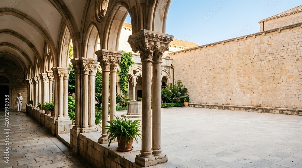 Fototapeta premium Ancient stone cloister with arches and sunny courtyard garden
