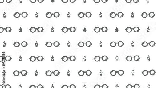 Vintage spectacles eyeglasses and fountain pen nibs linear outline seamless pattern for stationary wrap.