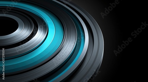 Metallic Turbine Rings on Dark Gradient Background with Glassmorphism Panels