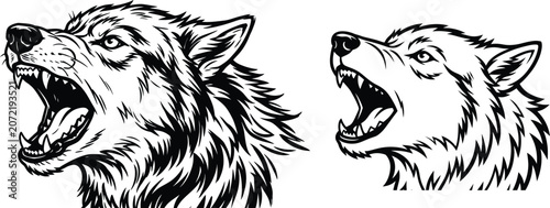 Tableau sur toile Roaring Wolf Heads Black And White Silhouette