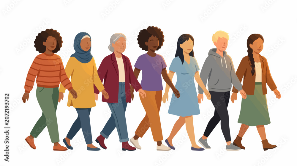 Fototapeta premium Diverse group of women of different ages ethnicities and backgrounds walking together in unity and solidarity
