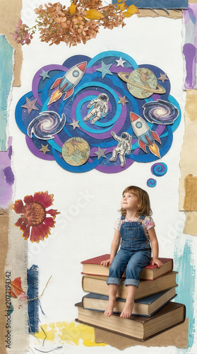 Childhood and dream concept. Conceptual image with girl dreaming about big future, space, stars, planets. Creative art collage